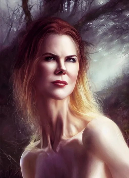 Image similar to girl looks like nicole kidman with pale white skin and long blonde hair, muscular upper body, beautiful highly detailed face, complementary lighting, backlit, black eyeshadow, dark eyes, adventure, dramatic lighting, landscape background, beautiful painting by artgerm and greg rutkowski and raymond swanland