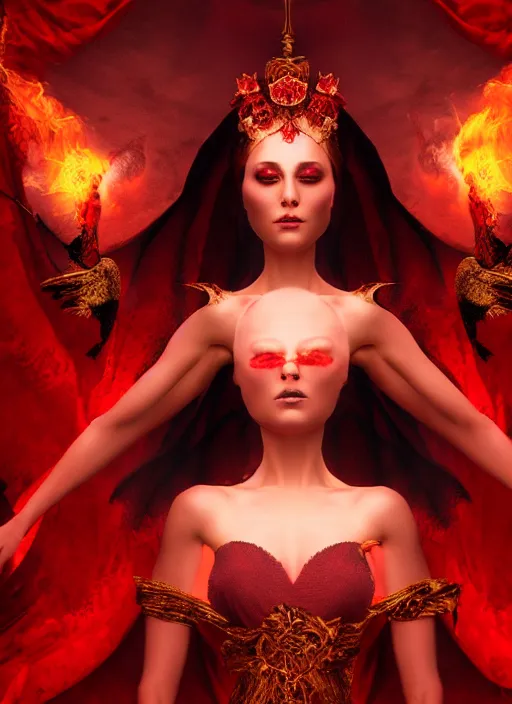 Image similar to a beautiful detailed 3 d matte painting, variations around female, queen, necromancer, symmetrical features, vertical portrait, whirling smoke, embers, red adornements, red torn fabric