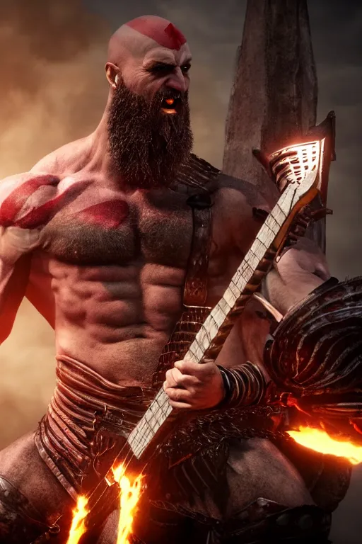 Image similar to muscular armored screaming kratos rocking out on a flaming stratocaster guitar, cinematic render, god of war 2 0 1 8, playstation studios official media, lightning, flames, left eye stripe, left eye stripe, left eye stripe, left eye stripe, clear, coherent