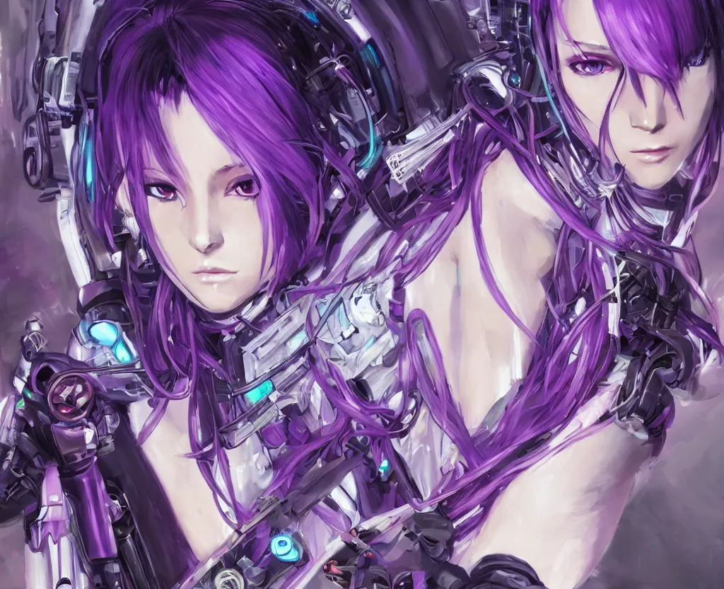 Image similar to A beautiful painting of a cyberpunk anime girl with purple hair and an a huge robot arm sensual stare, Trending on artstation. augmentations and cybernetic enhancements neon circuits, , futuristic, blade runner, detailed, intricate, elegant, highly detailed, digital painting, artstation, concept art, smooth, sharp focus, akira style illustration, art by Krenz Cushart and Artem Demura and Alphonse Mucha ❤️‍🔥 🔥 💀 🤖 🚀