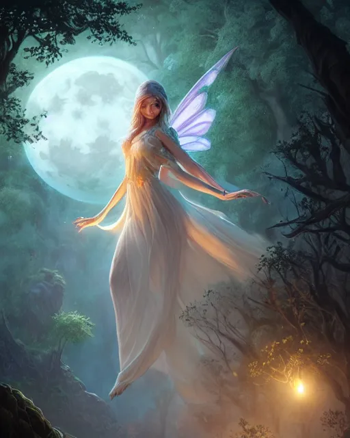 Image similar to attractive fairy goddness fly high in the night, d & d, fantasy, mist, full moon in background, trees, hyper detailed, art by artgerm and greg rutkowski and magali villeneuve, midium shot, 8 k realistic, cryengine, digital painting, trending on artstation, concept art, sharp focus, illustration,