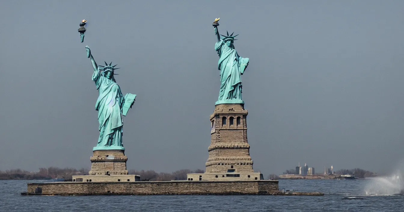 Image similar to the statue of liberty broke free from its pedestal and jumped into the water, realistic photo, composition