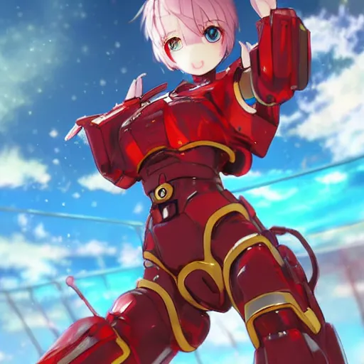 Image similar to digital anime art, wlop, rossdraws, sakimimichan, > > very small cute girl < < standing on a large table, red mech arms and red mech legs,