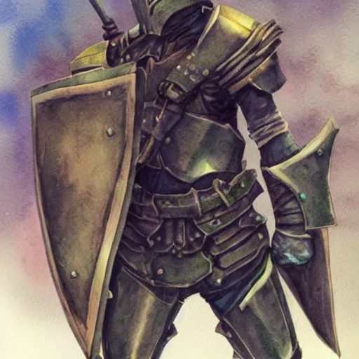 Prompt: watercolor, final fantasy tactics character, wearing plate armor, wearing helmet, faceless, shrouded, artwork by Clyde Caldwell
