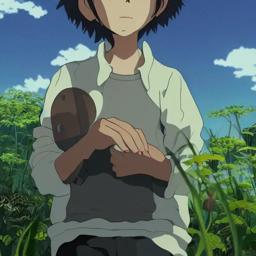 Prompt: friendly guy and small creature , with Fragile looking character portrait face made by Studio Ghibli highly detailed art, beautiful scene, sharp focus, smooth, 8k, anime art, wild, dark, fantasy, peaceful, sunshine