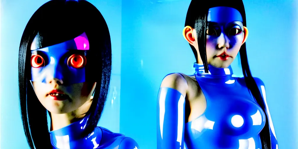 Image similar to a close - up risograph of cyberpunk japanese model girl with black eyes and pretty face wearing latex catsuit and lots of transparent and cellophane accessories, blue hour, twilight, cool, portrait, kodachrome, iso 1 2 0 0, painting by moebius