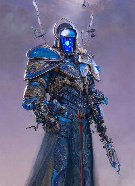 Prompt: formal portrait of a cyborg locust warrior wearing plate armor with blue embroidered cloak, long antennae, fantasy, digital art by eugene de blaas, ross tran, and nasreddine dinet, vibrant color scheme, intricately detailed, in the style of romanticism, cinematic, artstation, greg rutkowski