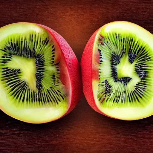 Prompt: mc escher fruit cut in half resting on table