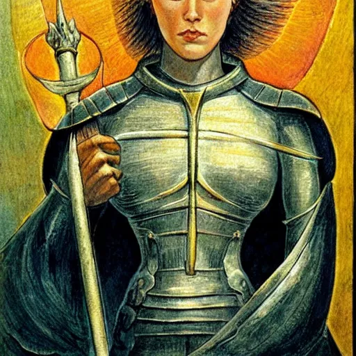 Image similar to beautiful virtuous jeanne d'arc in the style of william blake, terese nielsen,