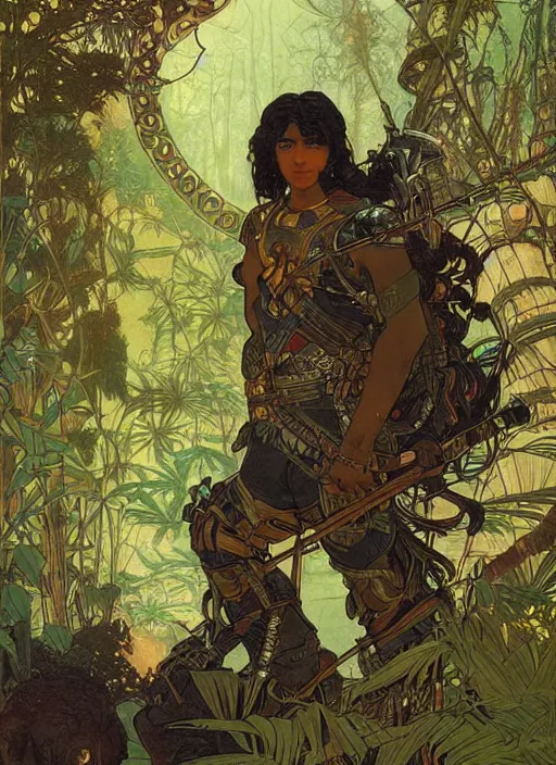 Image similar to portrait of a little epic cyborg warrior boy character with dark skin and beautiful symmetric face and long black hair and an armored tiger at his side in the middle of a lush jungle. diffuse night light, dramatic landscape, fantasy illustration, matte painting by mucha