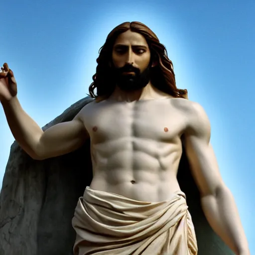 Image similar to an extremely detailed sculpture of a ridiculously good looking jesus that looks like a jewish gigachad as the christo redentor, long curly hair, elegant ancient greek dress, very detailed, rio de janeiro, beautiful, intricate, cinematic, artstation, william bouguereau, alphonse mucha, greg rutkowski, rossdraws, octane render