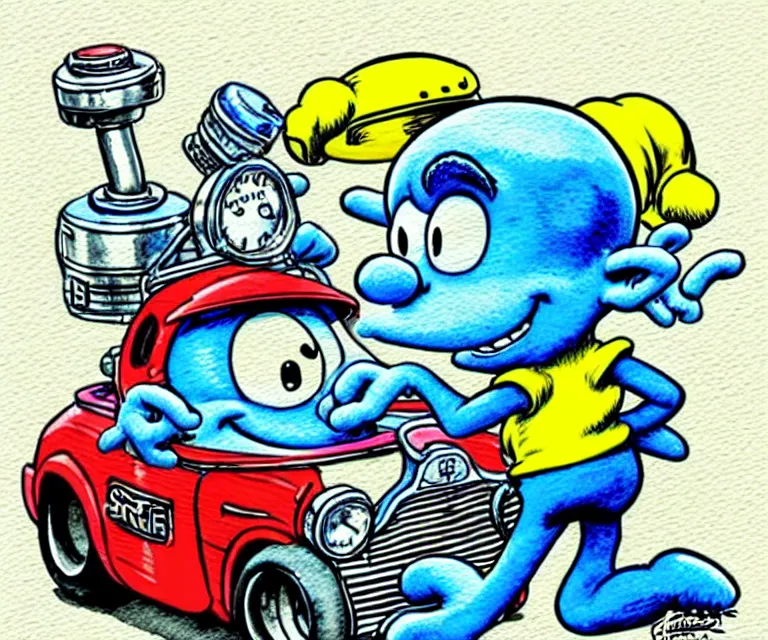 Prompt: cute and funny, smurfs, wearing a helmet, driving a hotrod, oversized enginee, ratfink style by ed roth, centered award winning watercolor pen illustration, isometric illustration by chihiro iwasaki, the artwork of r. crumb and his cheap suit, cult - classic - comic,