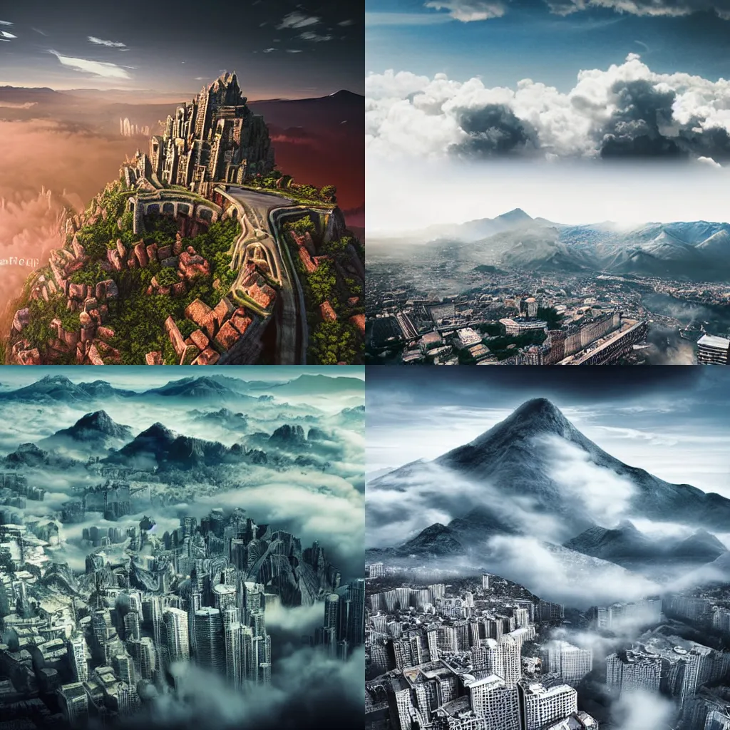Prompt: mysterious city built on the clouds above a mountain, ultra realistic, high detail, professional photograph,