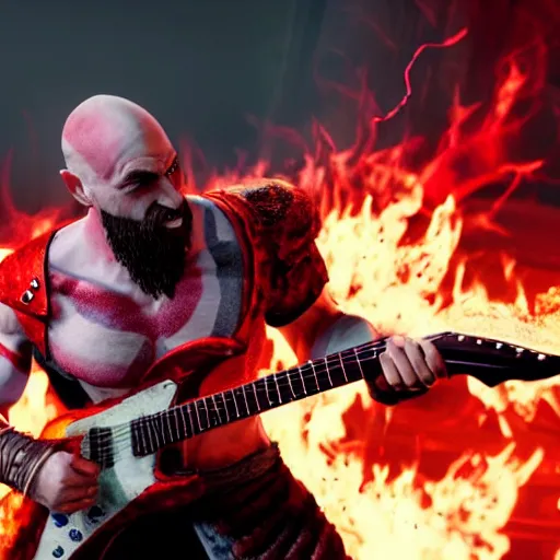 Image similar to kratos shredding on a flaming stratocaster guitar, cinematic render, god of war 2 0 1 8, santa monica studio official media, lightning, spartan rage, head turned
