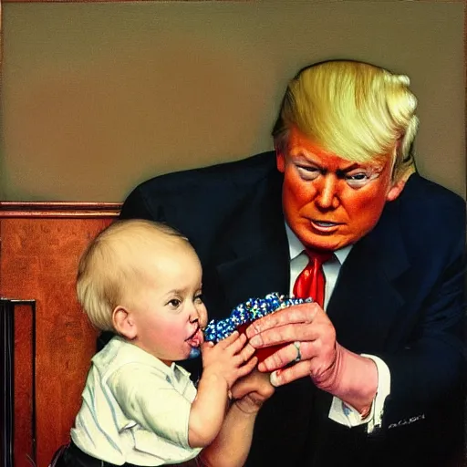 Prompt: Donald Trump stealing candy from a baby, painting by Norman Rockwell, 8k
