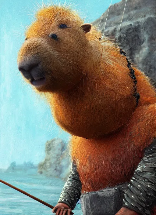 Prompt: detailed full body concept art illustration, soft focus, oil painting on canvas of an anthropomorphic capybara fisherman in full intricate clothing, biomutant, dystopian, micro detail, octane render, 4K