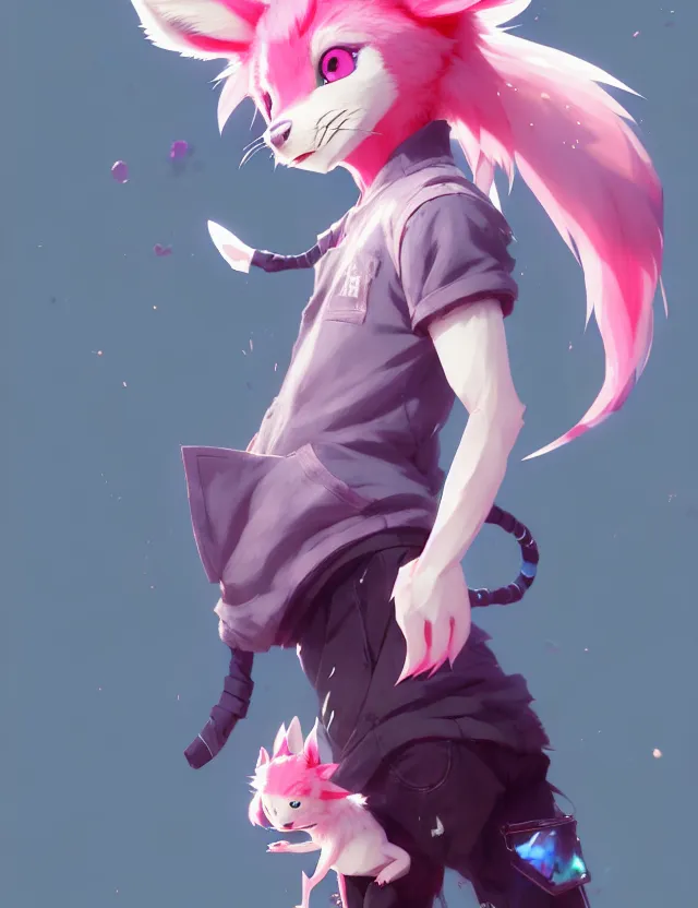 Image similar to a beautiful fullbody portrait of a cute anime boy with pink hair and pink wolf ears. character design by cory loftis, fenghua zhong, ryohei hase, ismail inceoglu and ruan jia. artstation, volumetric light, detailed, photorealistic, fantasy, rendered in octane