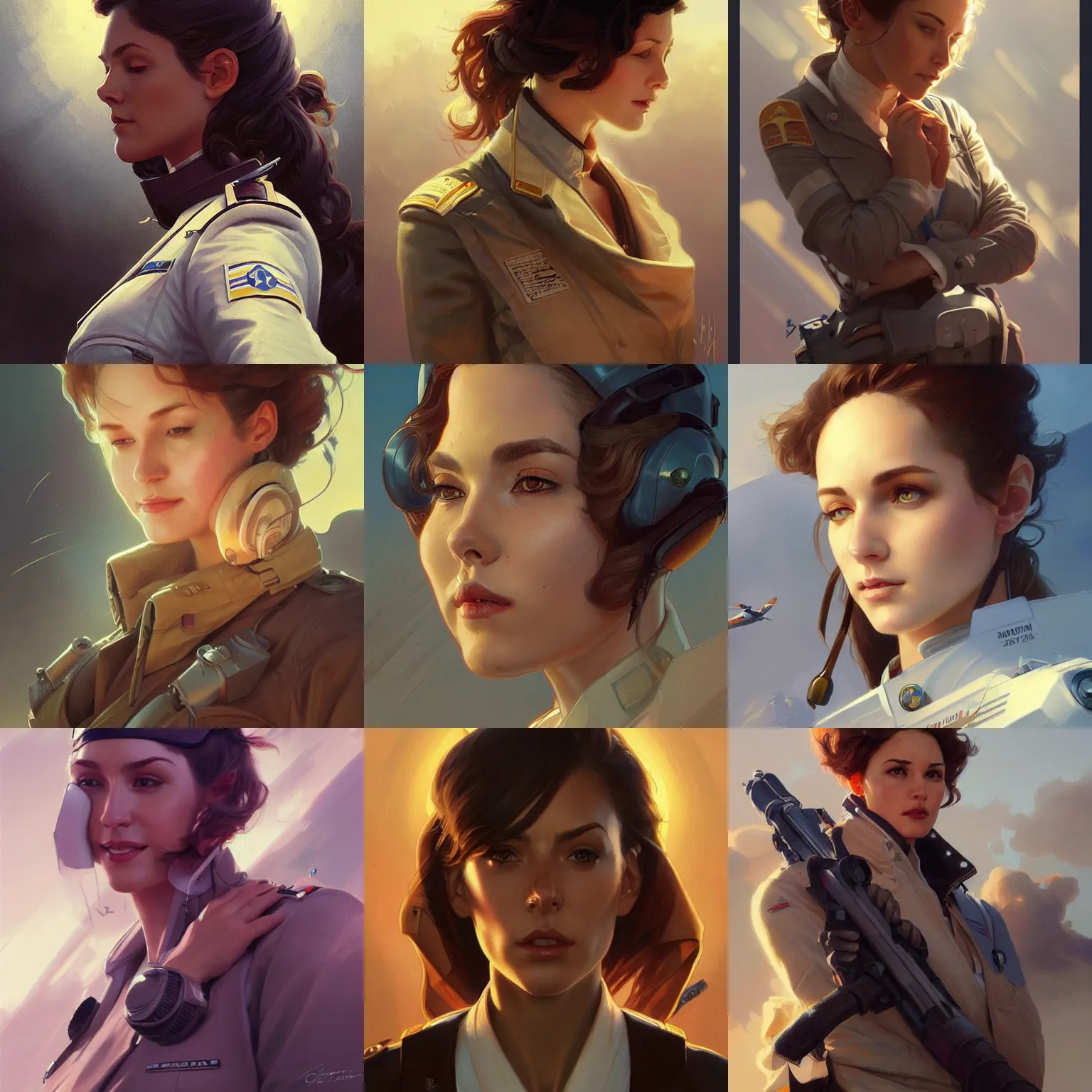 Image similar to female pilot, portrait, highly detailed, digital painting, artstation, concept art, sharp focus, illustration, art by artgerm and greg rutkowski and alphonse mucha