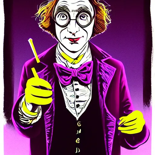 Image similar to graphic illustration, creative design, willy wonka as harry potter, biopunk, francis bacon, highly detailed, hunter s thompson, concept art
