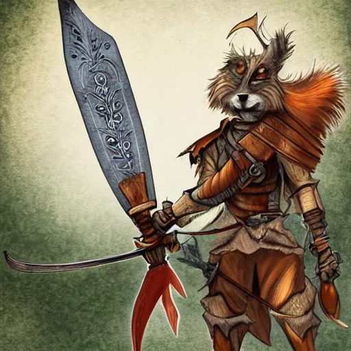 Image similar to fantasy anthropromorphic fox ranger with only one arm wielding a gladius, digital art