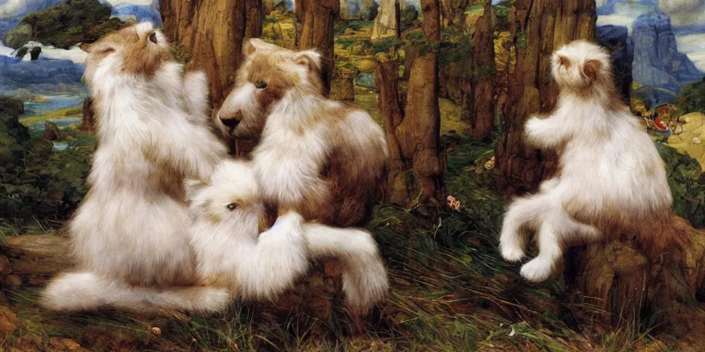 Image similar to 3 d precious moments plush animal, realistic fur, white chalk cliffs, master painter and art style of john william waterhouse and caspar david friedrich and philipp otto runge