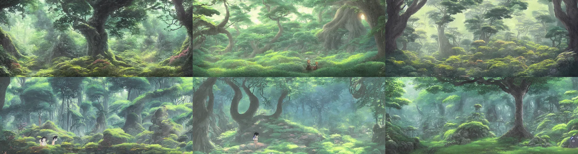 Prompt: a beautiful painting illustration of a mystical forest by Kazuo Oga, from the studio ghibli film, trending on artstation, with totoro style creatures