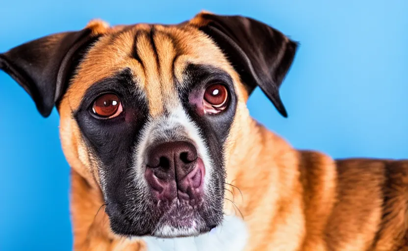 Image similar to portrait of a dog on blue background, rim light, beautiful lighting, 8 k