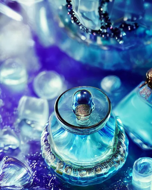 Prompt: natural light, soft focus extreme close up of a perfume bottle on a lilpad in the water, blue bioluminescent plastics, smooth shiny metal, elaborate ornate head piece, piercings, skin textures, by annie leibovitz, paul lehr