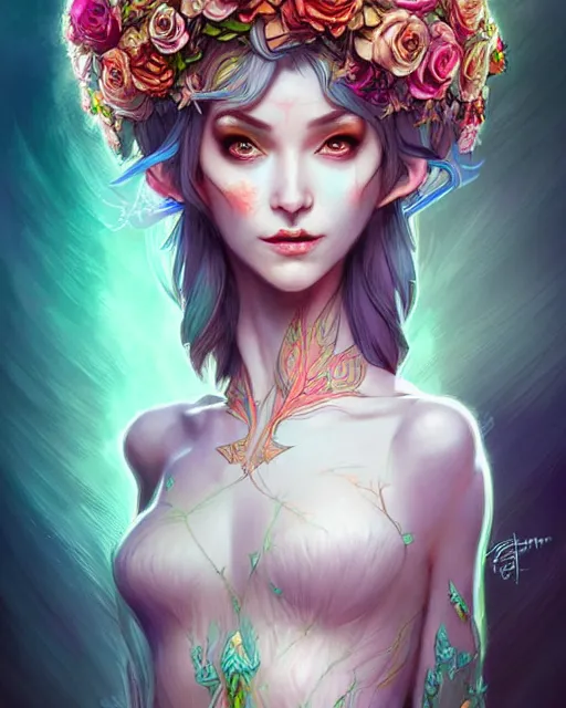 Image similar to digital art, centered full body elven bride with short hair, vivid flower crown ,intricate, veins, by James Jean and by artgerm, by ross tran , ultradetailed, charachter design, concept art, trending on artstation,