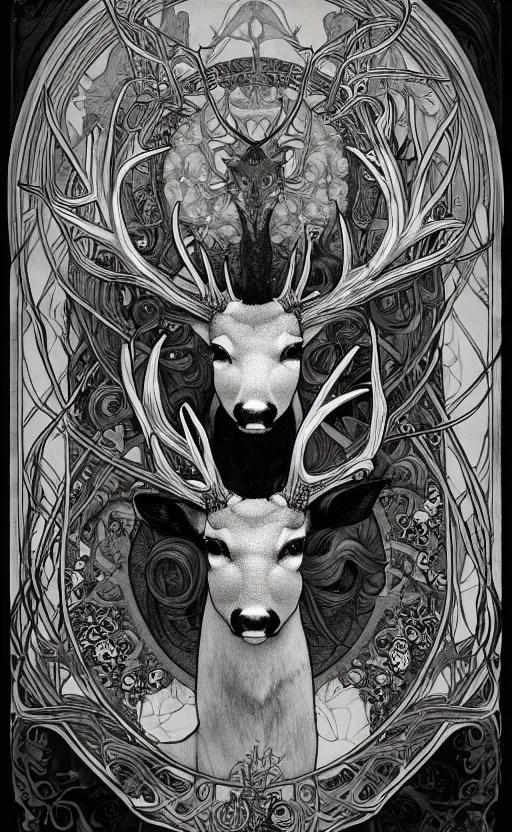 Image similar to black and white deer, with highly detailed with red flowers, long flowing mane and tail, ultra high detail, symmetry, in a hellscape, detail art style of alfons maria mucha, and peter mohrbacher atyles god lighting