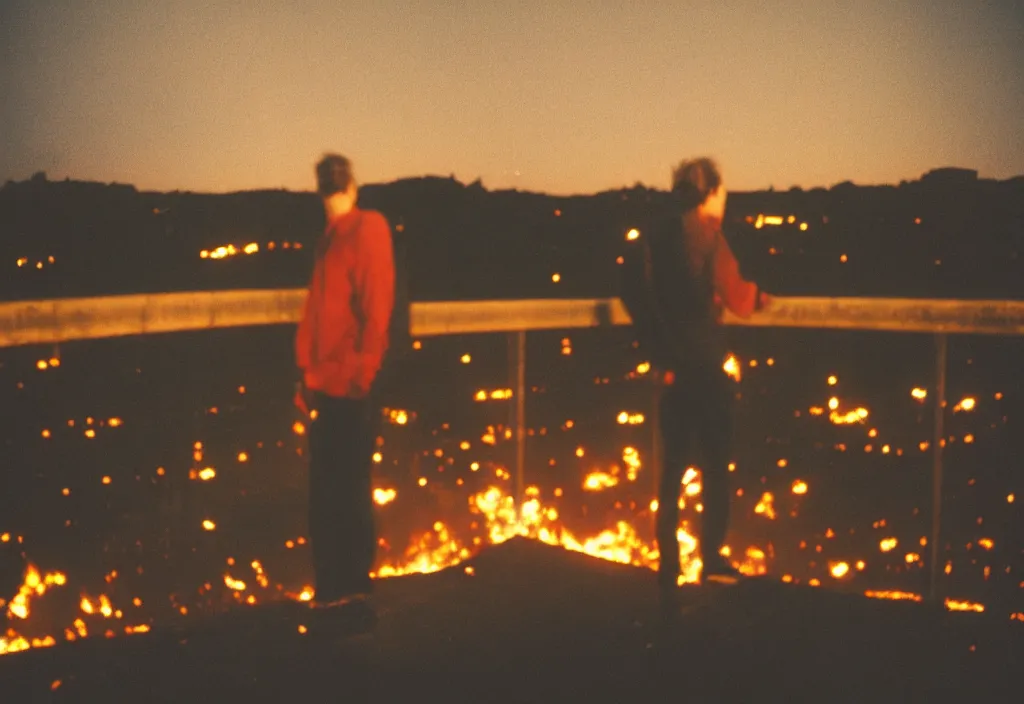 Prompt: lomo photo of a man standing on top of a burning bridge, cinestill, bokeh, out of focus, night, dramatic lighting