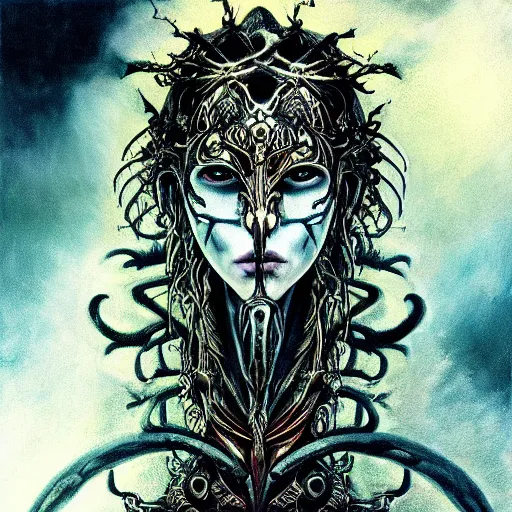 Image similar to Elden Ring themed painting of hybrid majestic aztec warrior princess fantasy biomechanical human beautiful immortal feminine angel symmetrical face angry mask closeup face breathing mask tattoo pattern golden ratio concept, deep forest psytrance Neo-Gothic concept, infinity glyph waves, intricate artwork masterpiece, very coherent artwork, cinematic, full frontal facial features by Artgerm, Takato Yamamoto, Zdizslaw Beksinski, Johnatan Wayshak, Moebius, Ayami Kojima, very anatomically coherent artwork, trending on cgsociety, ultra high quality model, production quality cinema model, high detail chromatic ink outline, octane render, unreal engine 8k, hyper realism, high detail, octane render, unreal engine, 8k, High contrast