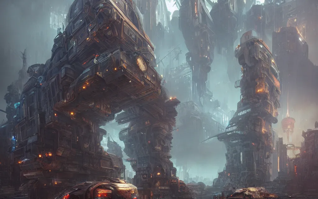 Image similar to gigantic mechanic megastructure, warhammer, cyberpunk, intricate, elegant, highly detailed, digital painting, artstation, concept art, smooth, sharp focus, octane render, dramatic lighting, volumetric lighting, cinematic lighting, art by artgerm and greg rutkowski and alphonse mucha and zdislav beksinski and wayne barlowe