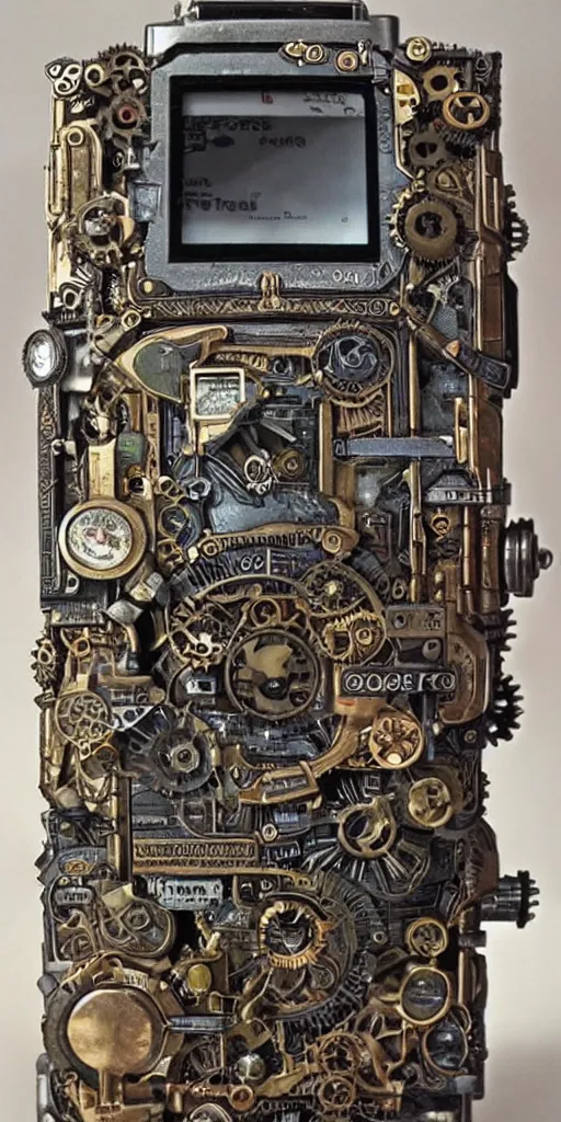 Image similar to an extremely complex and advanced steampunk gameboy