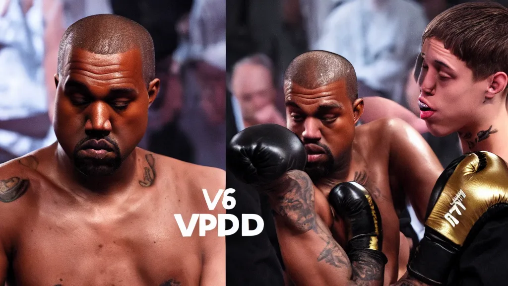 Image similar to kanye west versus pete davidson boxing match, cinematic, photo realistic, cinematic lighting, 8K HDR