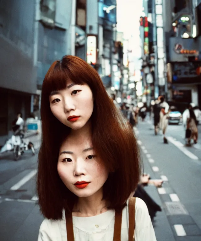 Prompt: a portrait ( ( street ) ) photograph shot on cinestill 5 0 d, one!! beautiful japanese woman in 9 0 s fashion with modest make up, hair dyed to a hazelnut brown, shot in shibuya tokyo on a 3 5 mm at f / 2. 8, high quality, print magazine quality, nostalgia, 8 k