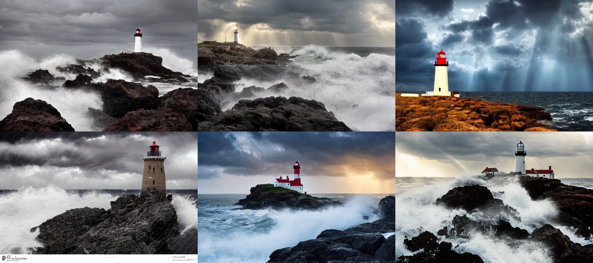 Prompt: a lighthouse on rocks with huge, very huge waves crashing over the light house, scenic full shot, ambient lighting, stormy sky, god rays