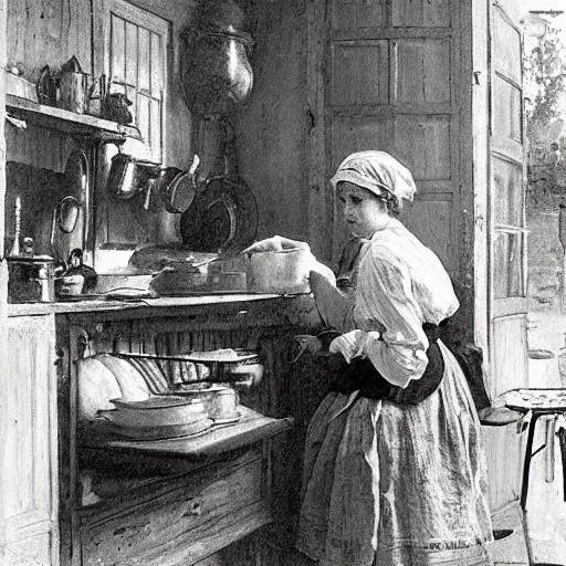 Image similar to a young edwardian woman baking bread in a cozy french kitchen, in the style of Anders Zorn