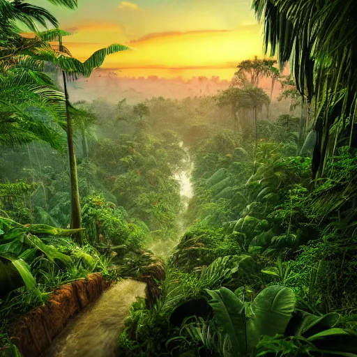 Prompt: professional photo of a jungle similar to the first level of donkey kong country, by discovery magazine, real life, photorealistic, sunset, soft focus, long exposure