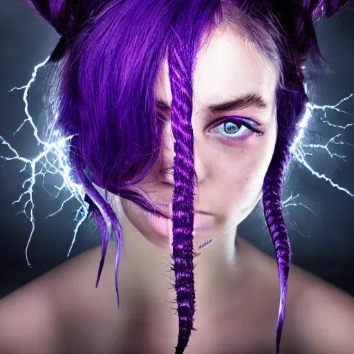 Image similar to detailed photo portrait of a furious teen girl with thin, hair-like purple tentacles on her head and bright purple eyes, 8k, trending on DeviantArt, face enhance,hyper detailed ,full of colour, dramatic lightning