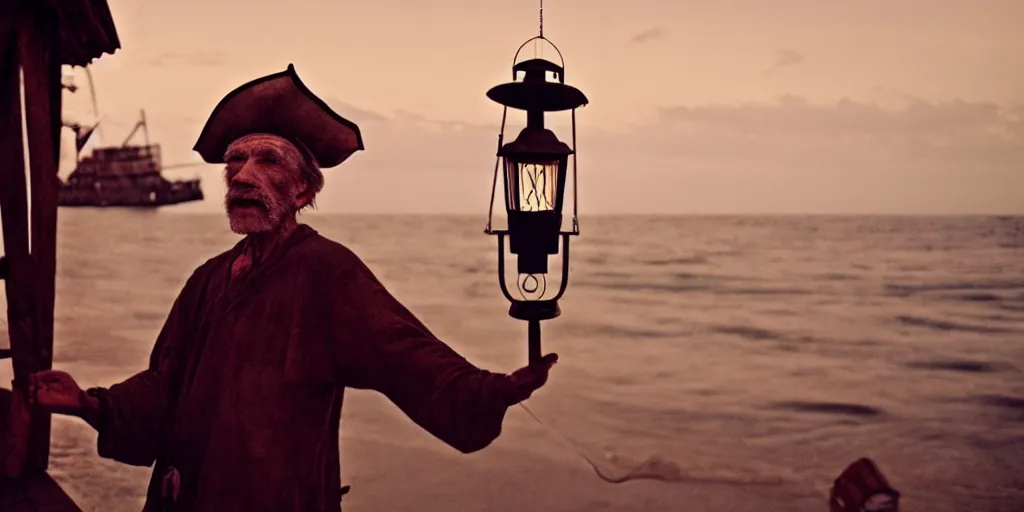 Image similar to film still of closeup old man holding up lantern by his beach hut at night. pirate ship in the ocean by emmanuel lubezki