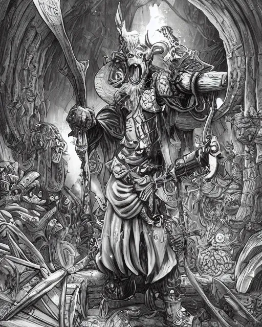 Image similar to A goblin merchant selling treasuries and potions, high detailed store, black and white, fantasy art, goblin art, in the style of masami kurumada, illustration, epic, fantasy, intricate, hyper detailed, artstation, concept art, smooth, sharp focus, ray tracing