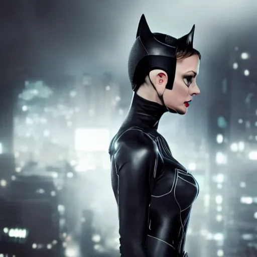 Image similar to real-life Catwoman, cinematic, Low angle, atmospheric fog and lighting, directed by Michael Bay, high detail, 8K, movie still