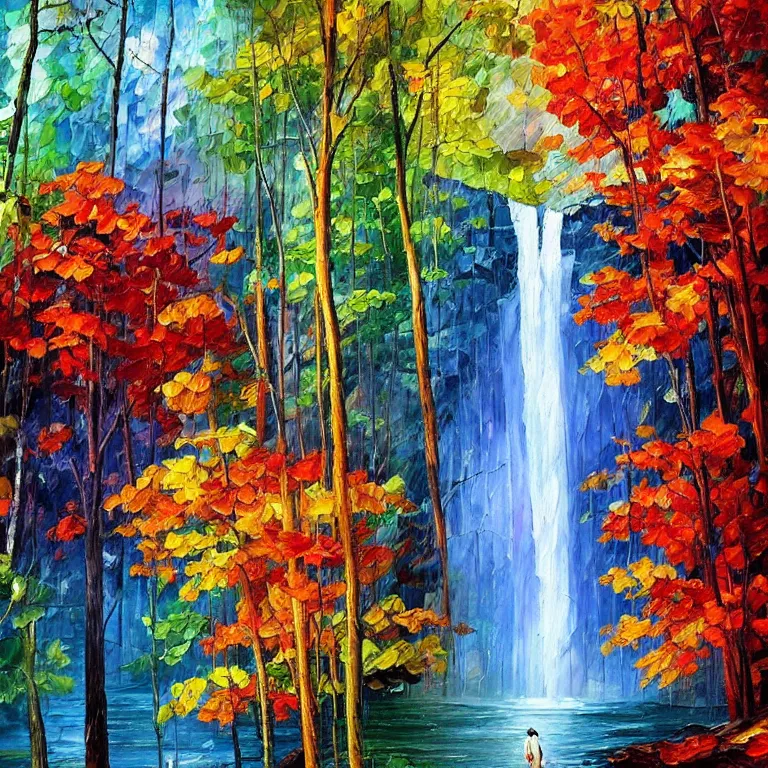 Prompt: A beautiful oil painting of a very tall waterfall on a very rocky cliff, in the middle of a huge forest of trees with bright blue glowing leaves, by Afremov