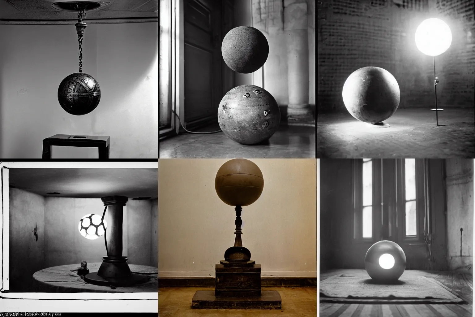 Prompt: an iron ball with weird symbols engraved on it, the ball is on a pedestal. the light enter the room by a hole in the ceiling. henry cartier bresson.