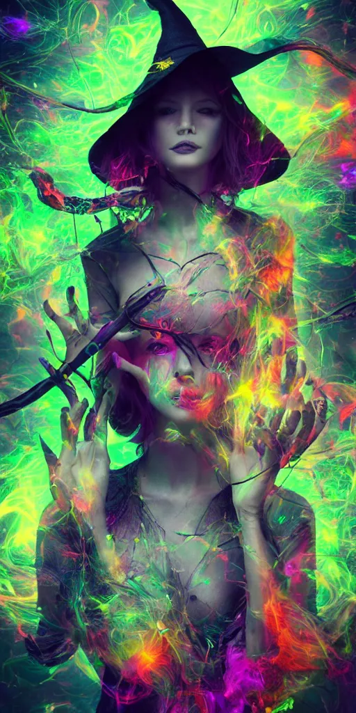 Image similar to impossibly beautiful witch using magic to hypnotize enemies, complexity, horror, psychedelic glitch art, rainbow drip paint, trending on art station, photoreal, 8k, octane render