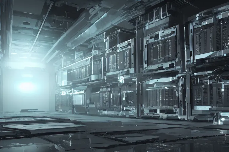 Image similar to parallax datacenter server room single mono colossus white rusty android robosaurus in artstation cinematic detailed concept art volumetric light sharp coherent racks diods