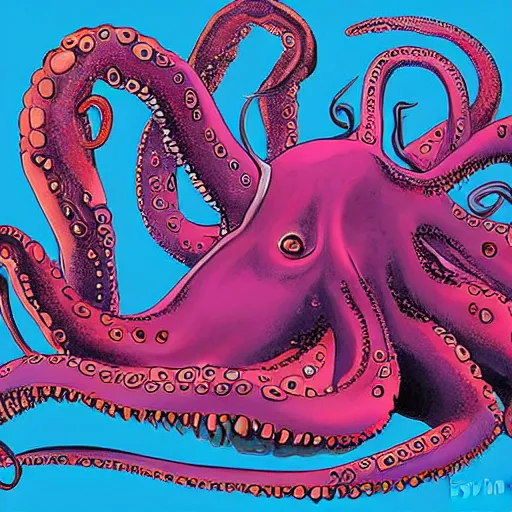 Image similar to Specualtive evolution paleoart with octopus using computer in the style of Emily Willoughby, expressive and beautiful digital art