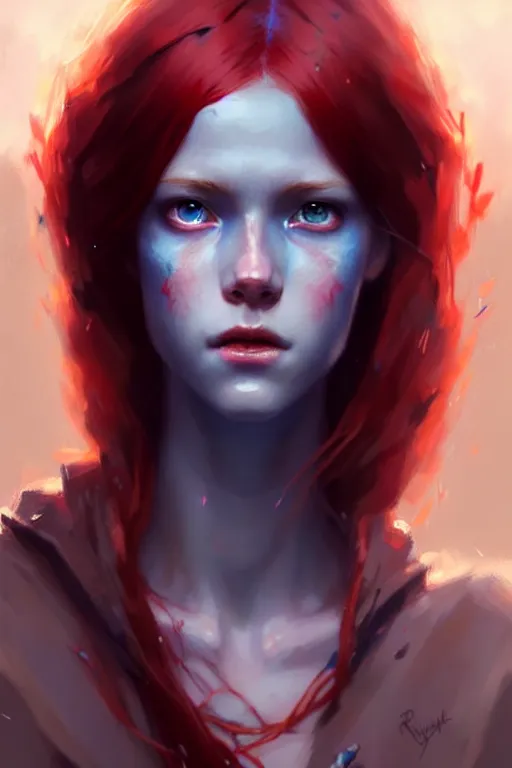 Image similar to a young tall, slender girl, with fiery red hair and bright blue eyes, hyperrealistic face, beautiful eyes, fantasy art, in the style of greg rutkowski, intricate, hyperdetalized, smooth