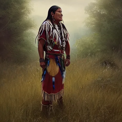 Prompt: native american indigenous man wearing traditional clothing standing in the grass, facing forward, greg rutkowski, detailed artwork, unreal engine